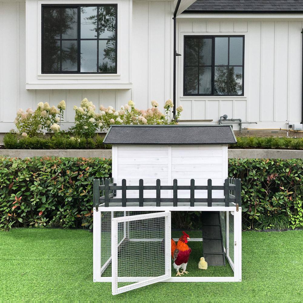 White and Black Elevated Wooden Chicken Coop with Ramp and Wire Mesh Run
