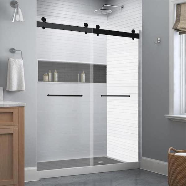 ANGELES HOME 69-72 in. W x 79 in. H Frameless Double Sliding Shower Door in Matte Black with Clear Tempered Glass, Hardware