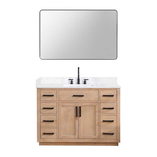 Altair Gavino 48 in. W x 22 in. D x 34 in. H Single Sink Bath Vanity in Light Brown with White Composite Stone Top and Mirror