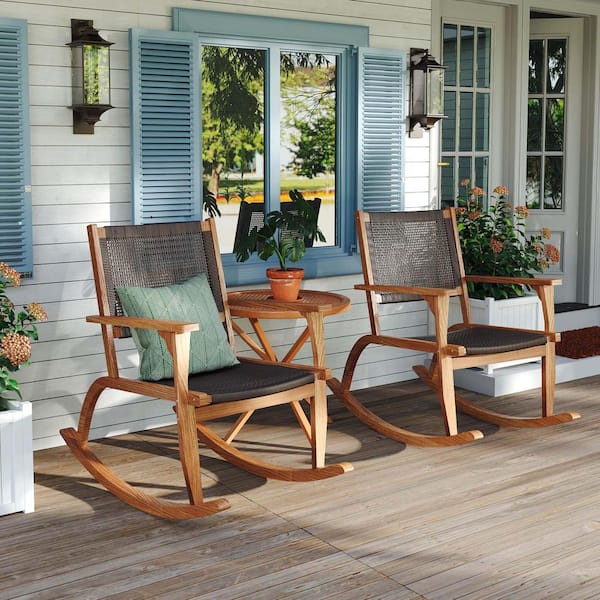 2 Pieces Natural Wood Outdoor Rocking Chair in Dark Brown