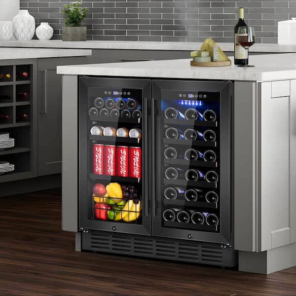 30 in. Dual Zone 32-Bottle and 80-Can Beverage and Wine Cooler in Black Built-In Blue LED Removable Shelves