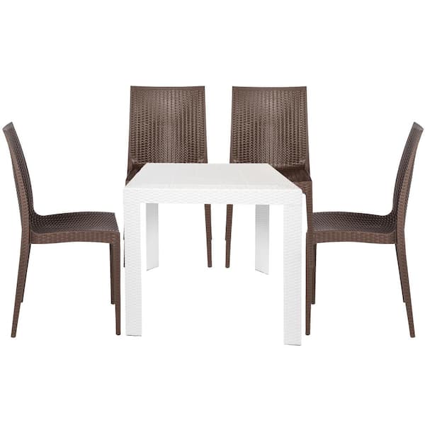 Leisuremod Mace White and Brown 5-Piece Plastic Square Outdoor Dining Set