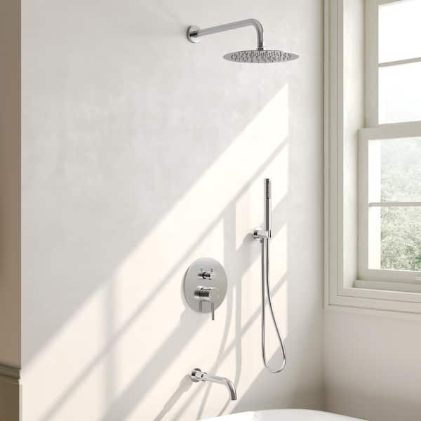 EVERSTEIN Double-Handle 3-Spray Rain Round 10 in. Wall Mount Tub and Shower Faucet 1.8/2.5 GPM in Chrome