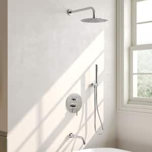 Double-Handle 3-Spray Rain Round 10 in. Wall Mount Tub and Shower Faucet 1.8/2.5 GPM in Chrome