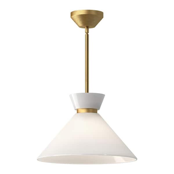 ALORA MOOD Halston 14 in. 1 Light 60-Watt Brushed Gold/Glossy Opal Glass Pendant Light