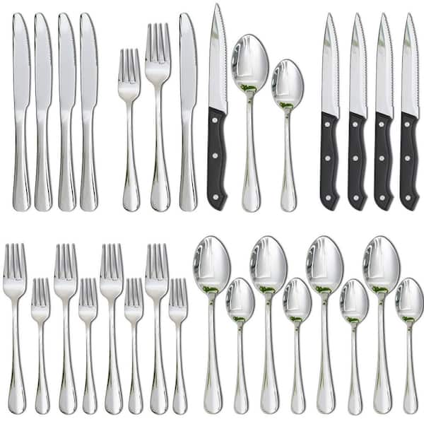 24 Piece Silverware Set with Steak Knives, Stainless Steel Flatware Set for 4 People, Mirror Polished Kitchen Utensils