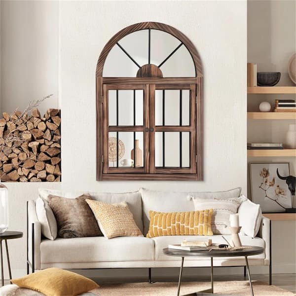 Dovelina 26 in. W x 38 in. H Arched Window Framed Brown Wall Mirror