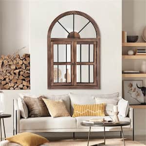 26 in. W x 38 in. H Arched Window Framed Brown Wall Mirror