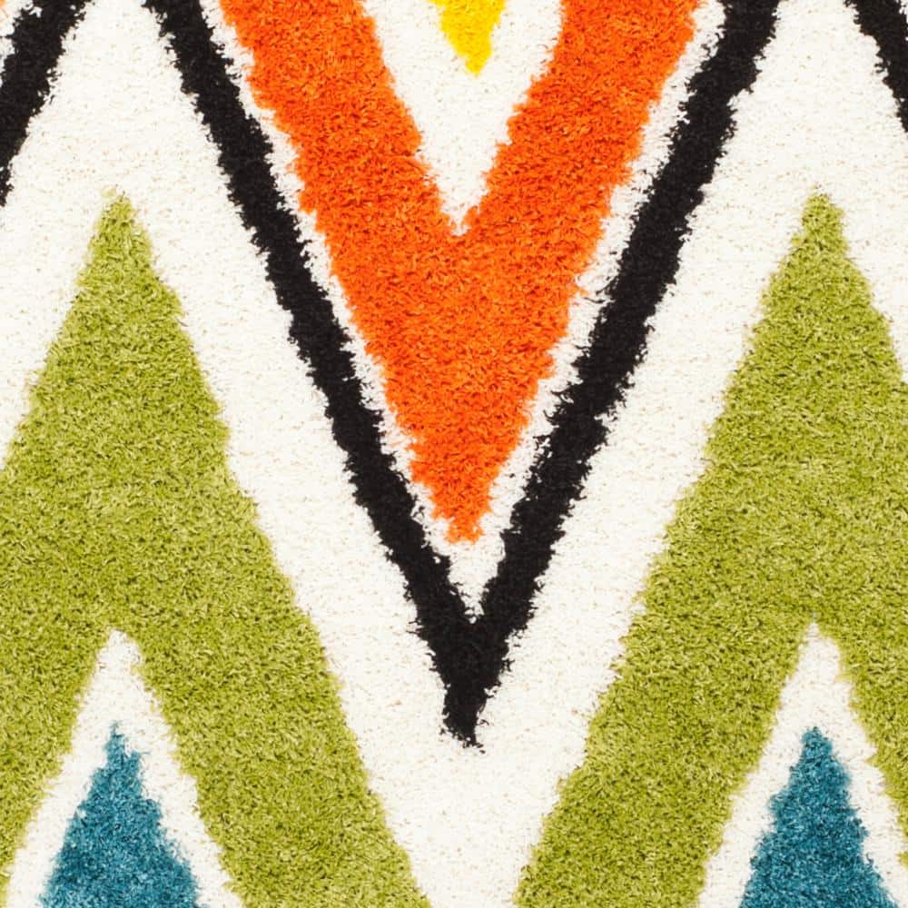 Ivory and Multicolor Chevron Synthetic Shag Kids Rug