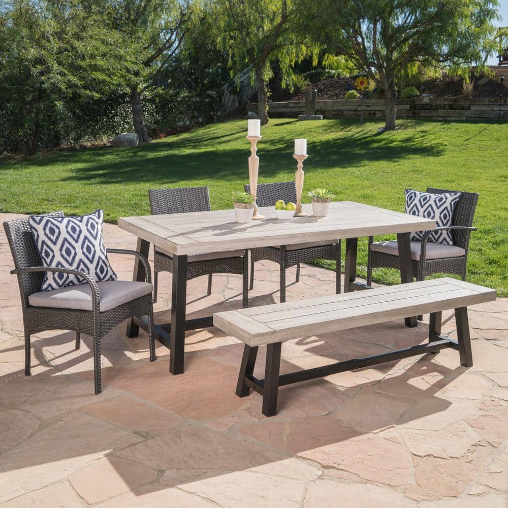 Light Gray Acacia Wood and Wicker 6-Piece Outdoor Dining Set