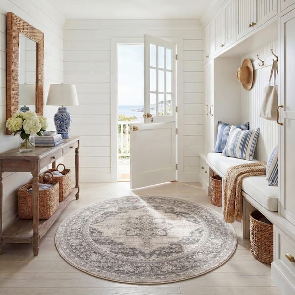Brentwood Cream/Gray 8 ft. x 8 ft. Round Floral Medallion Border Area Rug