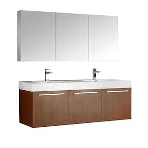 Vista 59 in. Vanity in Teak with Acrylic Vanity Top in White with White Basins and Mirrored Medicine Cabinet