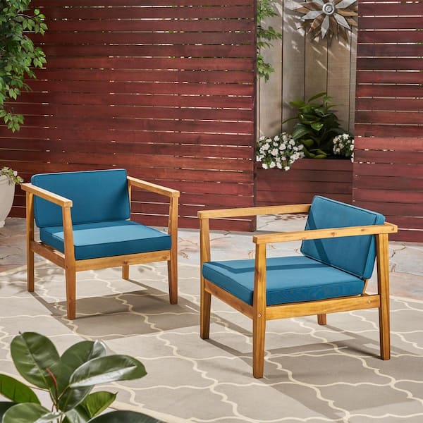 Noble House Newbury Teak Brown Removable Cushions Wood Outdoor Patio Lounge Chair with Dark Teal Cushions (2-Pack)