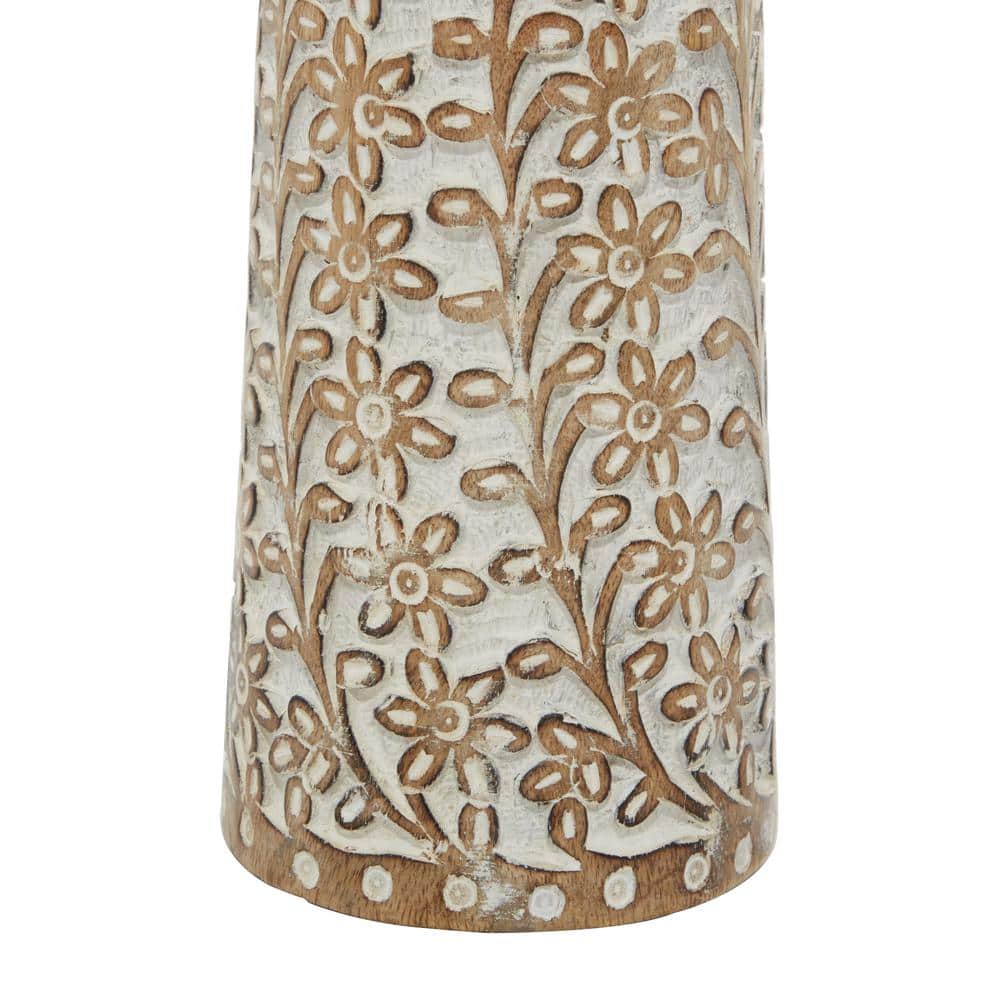 Rustic Elegance Mango Wood Carved Candle Holders, Brown Floral Set of 3