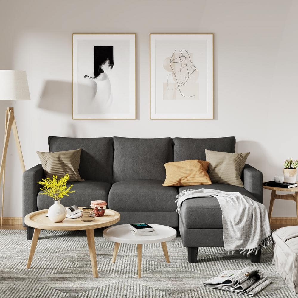 70 in. Classic L Shaped Sectional Sofa Reversible Linen Sectional Sofa in Dark Gray with Chaise