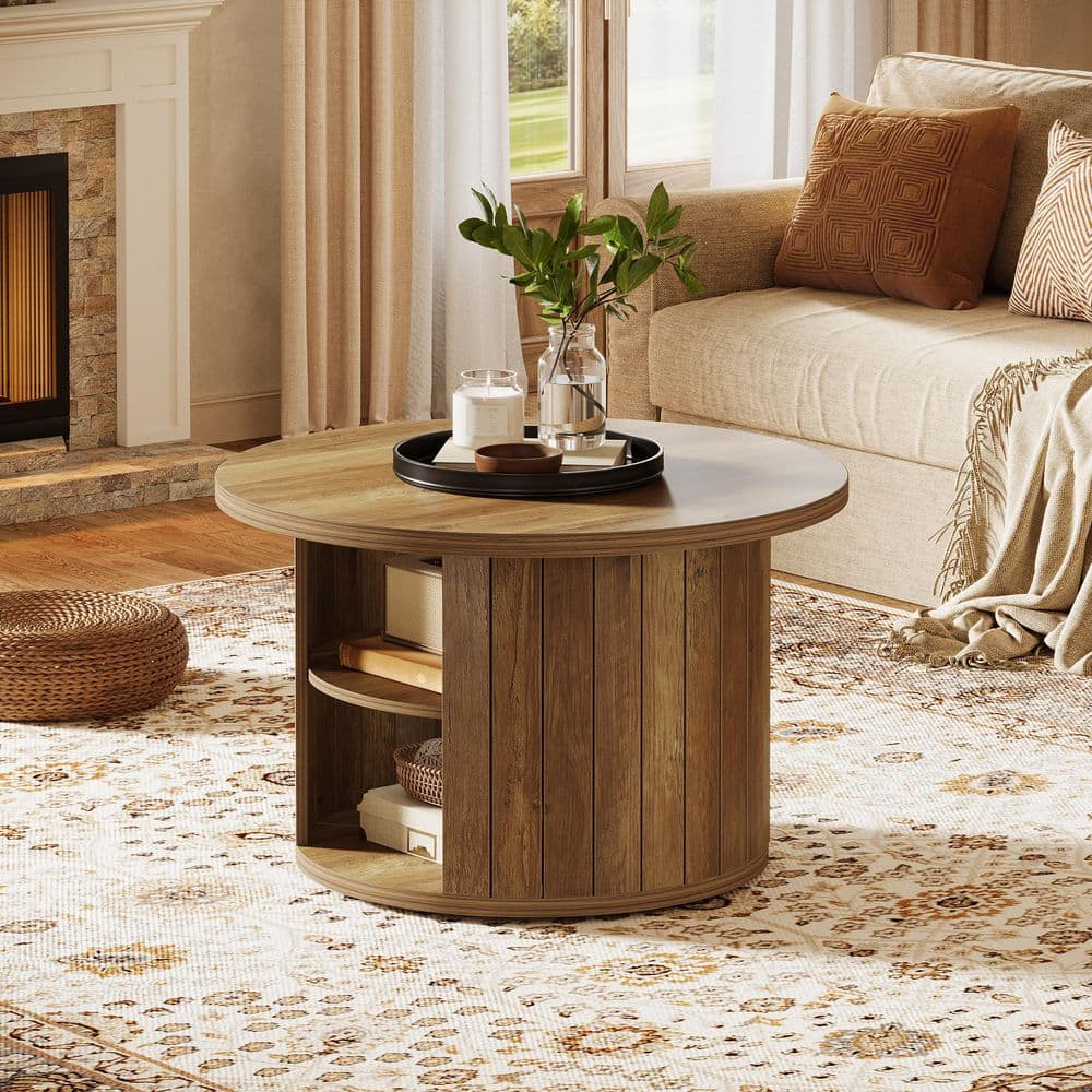 Kerlin 31.5 in. Rustic Brown Round Particle Board Coffee Table with 2-Tier Storage Shelves