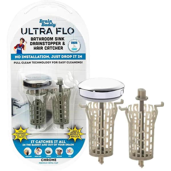 DRAIN BUDDY Ultra Flo Sink Drain Stopper and Hair Catcher with Extra Basket - Anti-Clogging, Chrome Metal