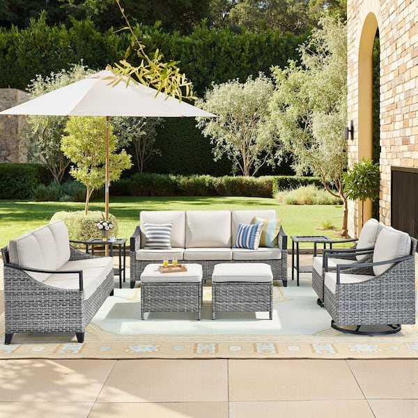 8-Piece Wicker Patio Conversation Set, Sofa and Swivel Chairs Set with Beige Cushions
