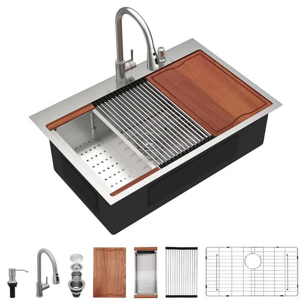 33"x22" Drop-In Kitchen Sink with Faucet, Topmount Single Bowl, 304 Stainless Steel Workstation Sink for Kitchen