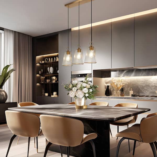 Modern 3-Light Brass Gold Cluster Linear Chandelier with Triangle Bell Textured Water Glass Shades for Kitchen Island