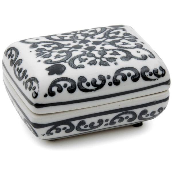 Oriental Furniture Oriental Furniture 3-1/2 in. Floral Black and White Porcelain Small Jewelry Box