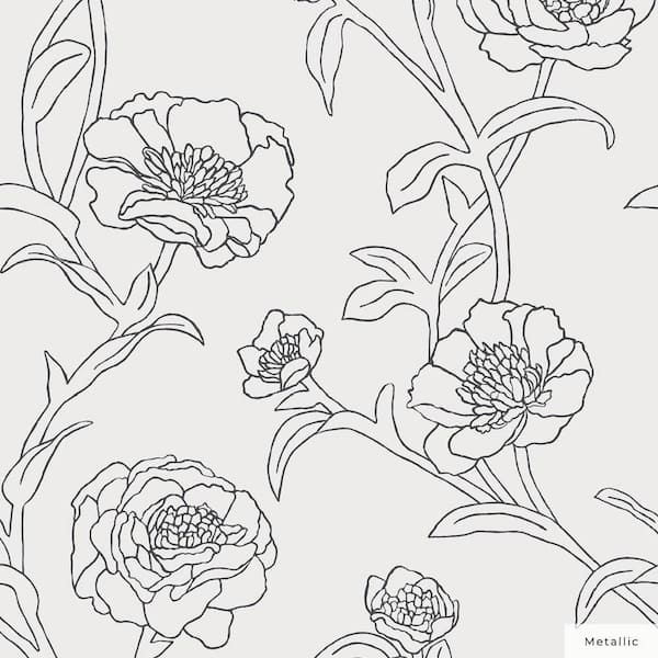 Metallic Black and White Peonies Vinyl Peel and Stick Wallpaper Roll (Covers 56 sq. ft.)