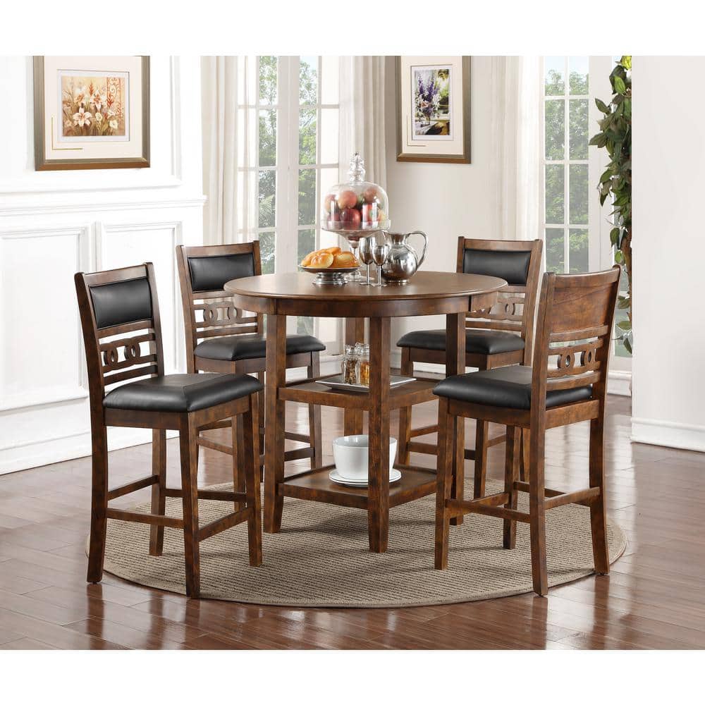 Gia Brown Wood Counter Stools with Black Faux Leather Upholstery
