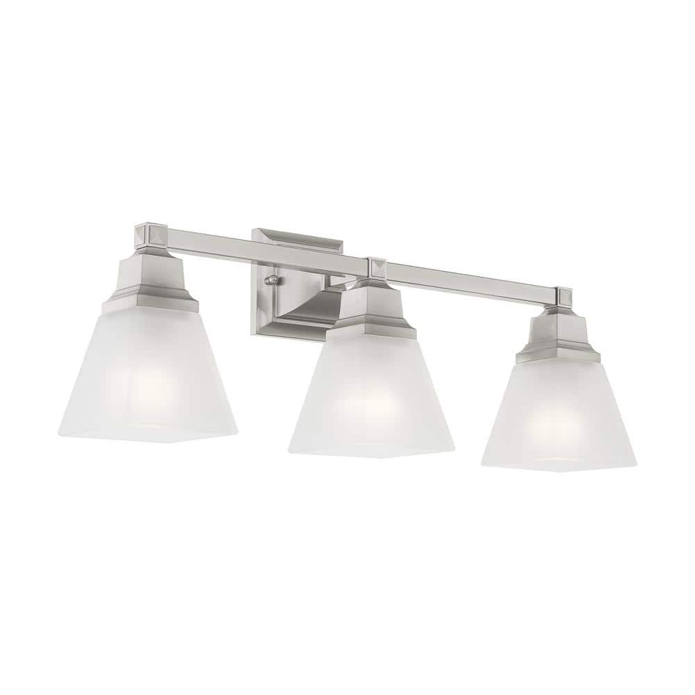 Brushed Nickel 3-Light Bathroom Vanity with Satin Glass Shades