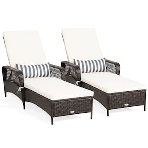 Rattan Patio Lounge Chair Chaise with Adjustable Backrest white Cushioned and Pillow White (Set of 2)