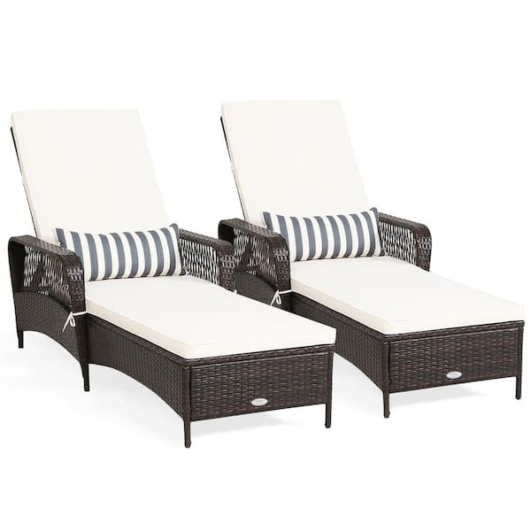 Gymax Rattan Patio Lounge Chair Chaise with Adjustable Backrest white Cushioned and Pillow White (Set of 2)