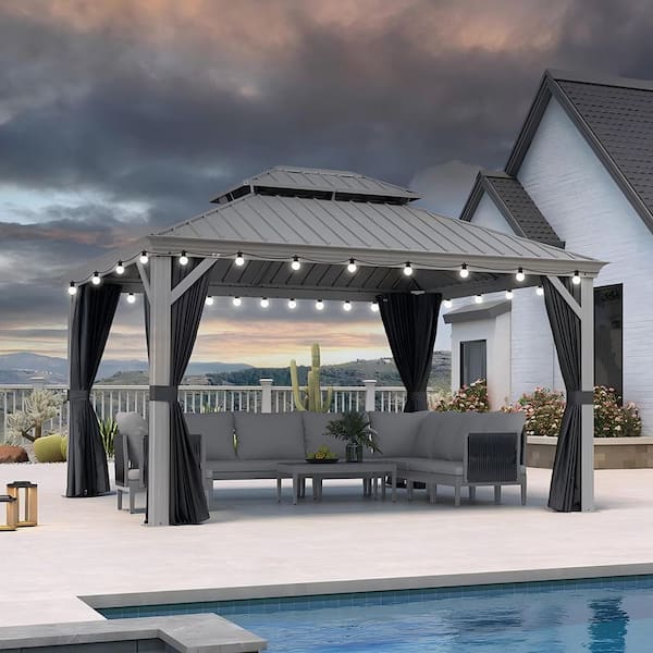 11ft. x 13ft. Light Gray Patio Outdoor Gazebo for Backyard Hardtop Aluminum Frame, Hooks, Curtain, Netting and 24-Lights