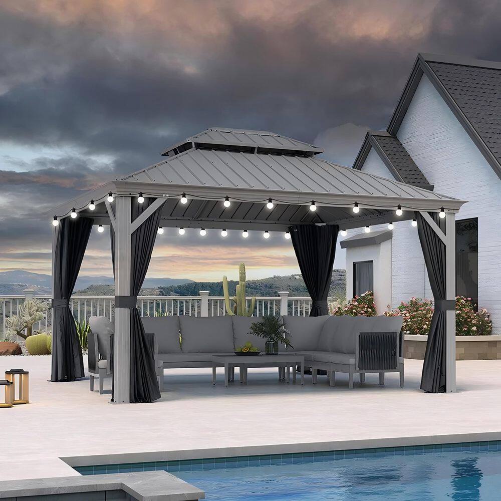 11ft. x 13ft. Light Gray Patio Outdoor Gazebo for Backyard Hardtop Aluminum Frame, Hooks, Curtain, Netting and 24-Lights price history on PriceWatchPro