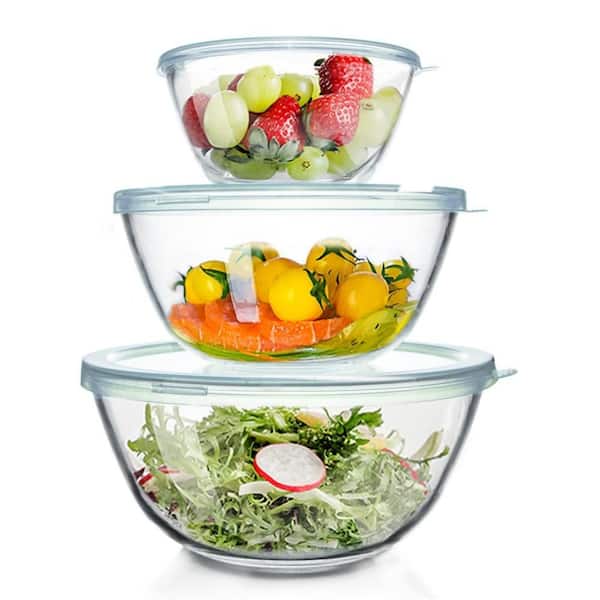 Glass Mixing Bowls with Lids for Cooking, Baking, Prepping, 4.5 qt. 2.7 qt. 1.1 qt. Large and Nesting Salad Bowls