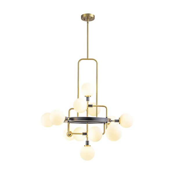 Ailn 12-Light Modern Glam Brushed Gold Geometric Frosted Opal Glass Globe Bubble Chandelier