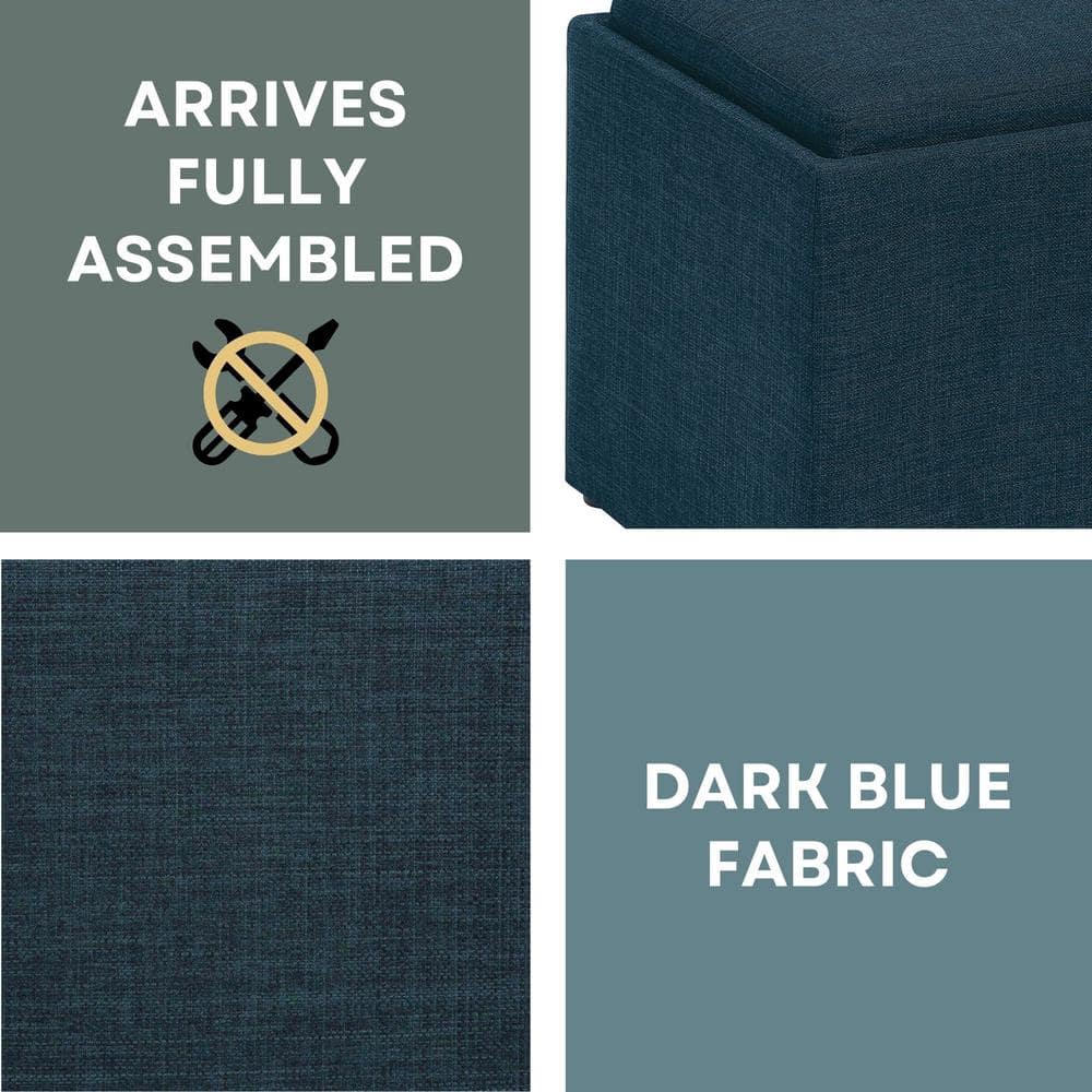 Dark Blue Fabric Storage Ottoman with Reversible Tray