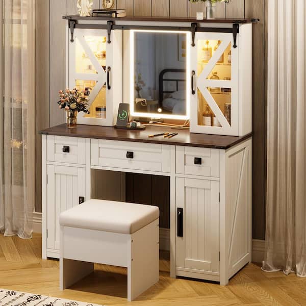 Beige 43.3 in. Makeup Vanity Dresser with 3 Drawer, 4 Cabinets, Charging Station, Storage Stool and Hidden Shelves