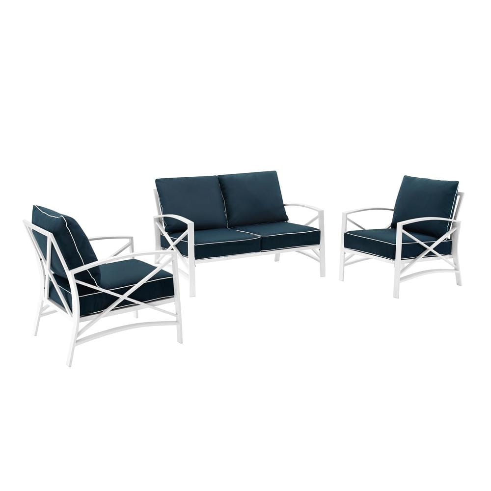 CROSLEY FURNITURE Kaplan White 3-Piece Metal Patio Seating Set with Navy Cushions