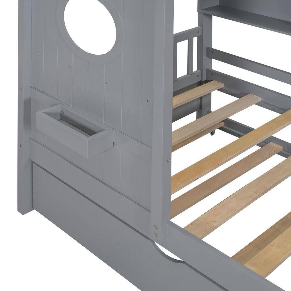 Gray Wood Frame Full Size Platform Bed with Trundle, Storage Shlef - thumbnail 8