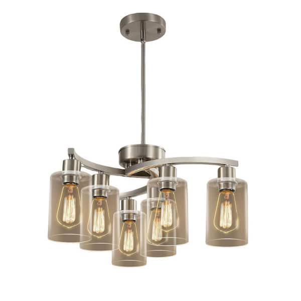 6-Light Brushed Nickel Chandeliers with Clear Shade Adjustable Hanging Industrial Pendant Lighting for Kitchen Island