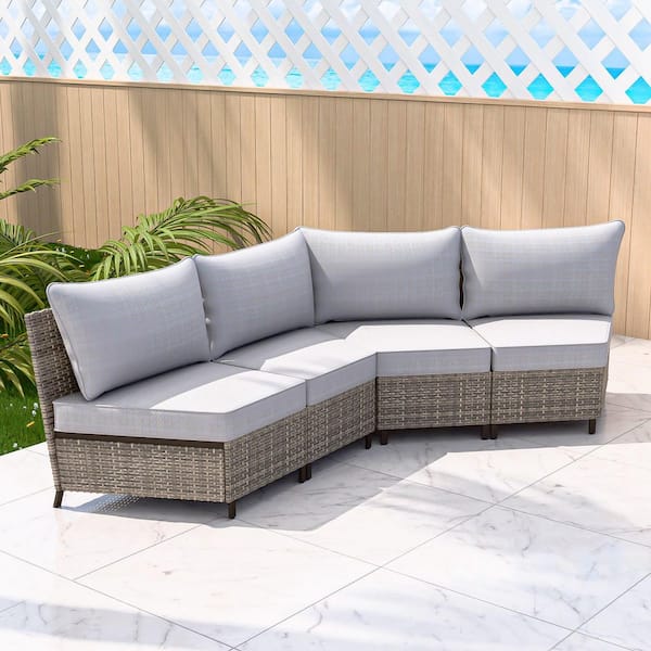 4-Seat Armless Brown Wicker Patio Outdoor Curved Sectional Sofa Set with Beige Cushions