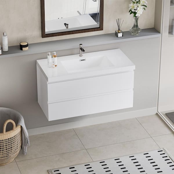 Achilles 42 in. W x 20 in. D x 22.5 in. H Single Sink Floating Bath Vanity in Glossy White with White Resin Top