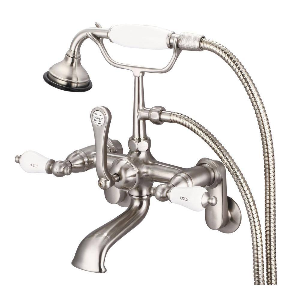 Water Creation 3-Handle Claw Foot Tub Faucet with Labeled Porcelain Lever Handles and Hand Shower in Brushed Nickel