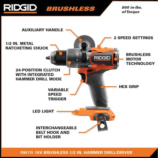 RIDGID 18V Brushless Cordless 3-Tool Combo Kit w/ Hammer Drill, Impact Driver, Digital Inflator, Batteries, Charger & Bag