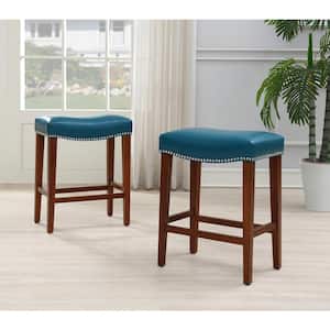 26.1 in. Blue Leather Barstool Set of 2