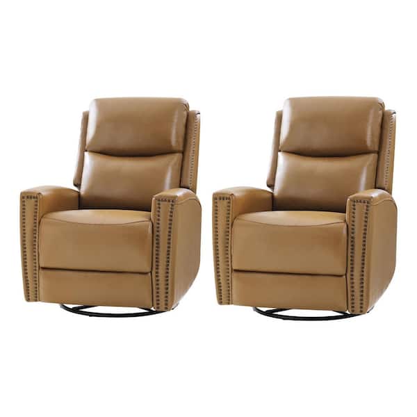 JAYDEN CREATION Regina 30.31 in. Wide Camel Genuine Leather Swivel Rocker Recliner with Nailhead Trims (Set of 2)