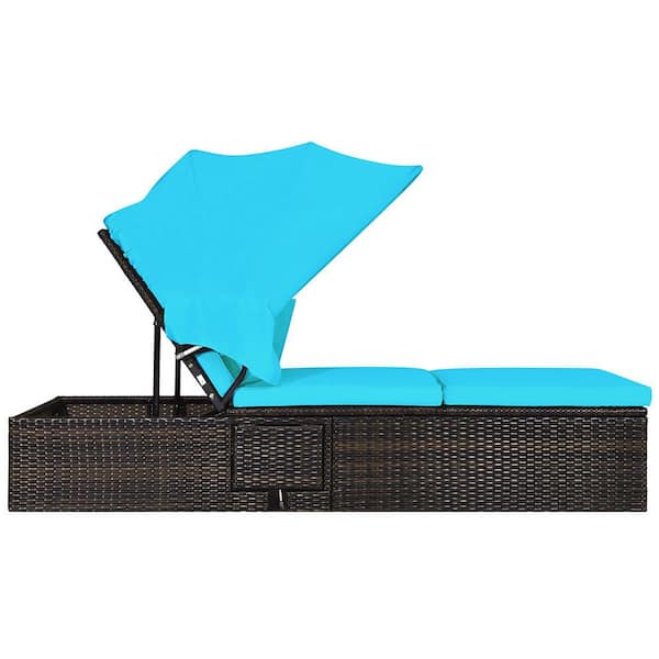 Costway 1-Piece Wicker Outdoor Rattan Chaise Lounge with Turquoise Cushions and Canopy