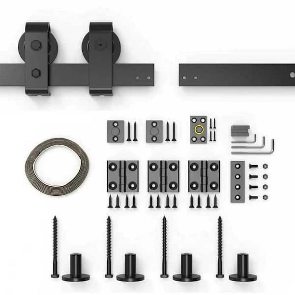 WINSOON 5.5 ft. /66 in. J Shape Frosted Black Top Mount Bi-Fold Sliding Barn Door Hardware Track Kit for Double Doors