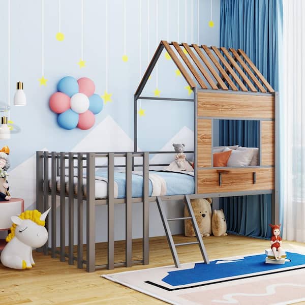 GODEER Silver Metal Twin Size Loft Bed with Roof, Window, Guardrail, Ladder