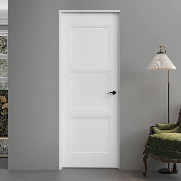 28 in. x 80 in. 3-Panel Left-Handed Painted Solid Core Wood Interior Prehung Door Kit with Quick Assemble Jamb