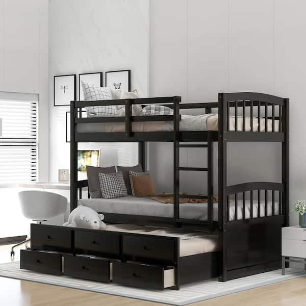 Qualler Espresso Twin over Twin Wood Bunk Bed with Trundle and Drawers